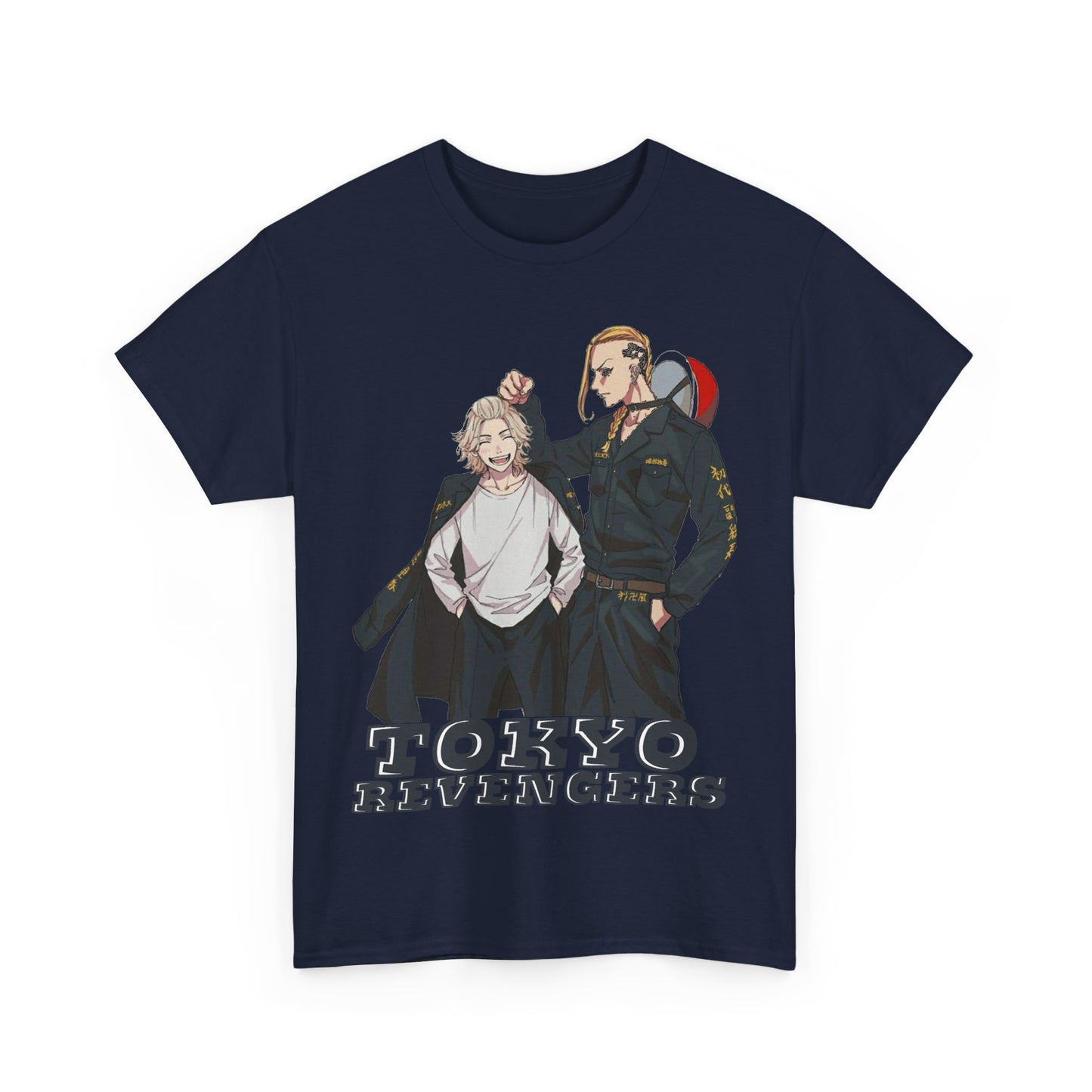 Elegant navy blue Tokyo Revengers anime t-shirt prominently displaying dynamic character artwork, ideal for fans and collectors.