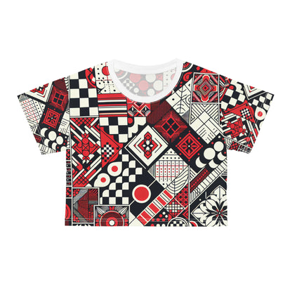 Vibrant red Valeria Belmonte t-shirt featuring modern patterned wearable art, designed by Dazzling Dreams Studio, showcasing intricate checkerboard and block prints.