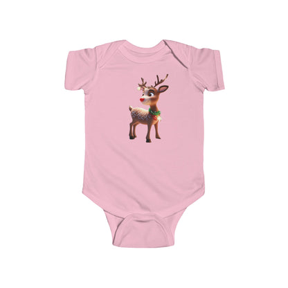 A luxurious Christmas Reindeer Bodysuit for babies in pink, featuring a charming reindeer design adorned with festive decorations, perfect for holiday celebrations.