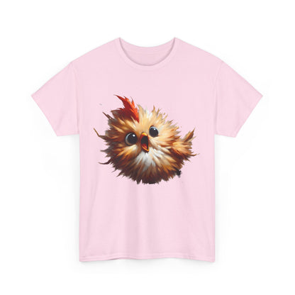 Front view of the exquisite Explosive Joy Tee in pink, adorned with a cheerful cartoon bird design, perfect for casual elegance.