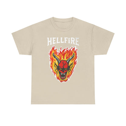 Elegant unisex Hellfire graphic T-shirt showcased in beige, adorned with a striking flame motif and an eye-catching demon graphic, ideal for stylish casual wear.