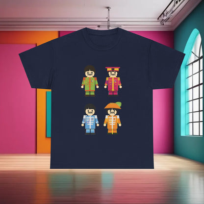 The Toy Beatles Graphic T-Shirt in navy blue displaying cartoon representations of The Beatles in vivid costumes, blending nostalgia with modern luxury in fashion.
