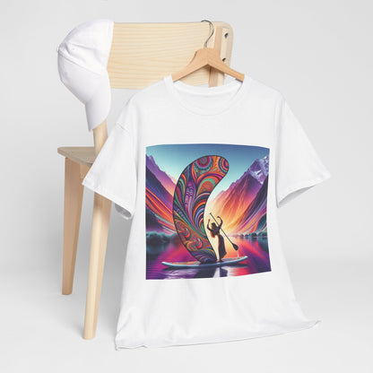 Luxury Paddleboard Adventure T-Shirt styled with a cap, highlighting its beautiful paddleboarding design, ideal for outdoor enthusiasts.