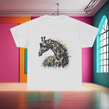 Fantasy Art Giraffe Graphic T-Shirt Urban Streetwear Unisex Cotton in a sophisticated environment, showcasing an intricate giraffe illustration that blends creativity and style.
