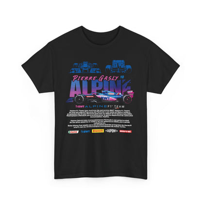 Front view of the Alpine F1 Team men's t-shirt in black, featuring vibrant graphics celebrating the team and racer Pierre Gasly.