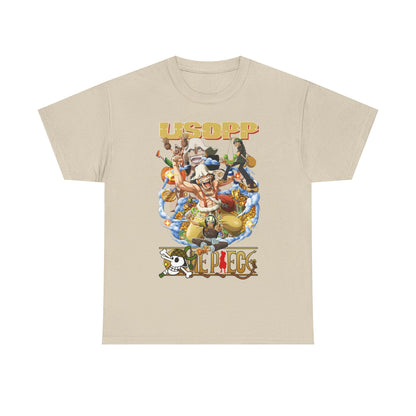 Sophisticated beige t-shirt highlighting an exquisite portrayal of Usopp and companions from One Piece, embellished with striking golden text and vibrant graphic elements.