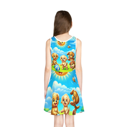 Dazzling Dreams AOP Pencil Skirt for Girls featuring playful puppies and summer vibes; the back view of a young girl wearing the beautifully designed skirt, radiating joy against a backdrop of a bright blue sky.