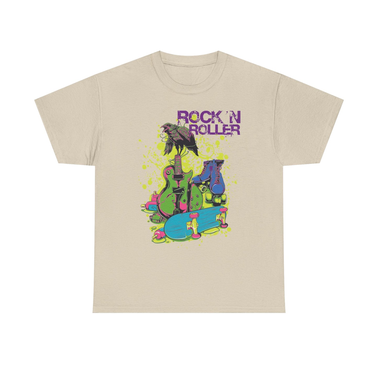 Luxury men’s t-shirt featuring vibrant graphic design of a crow on an electric guitar with retro roller skates and a skateboard, set against a beige background, perfect for stylish rock enthusiasts.