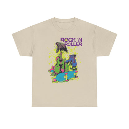 Luxury men’s t-shirt featuring vibrant graphic design of a crow on an electric guitar with retro roller skates and a skateboard, set against a beige background, perfect for stylish rock enthusiasts.