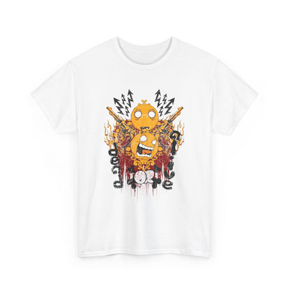 Men's elegant white graphic t-shirt with a vibrant and chaotic emoji design featuring flames and playful elements, perfect for casual outings.