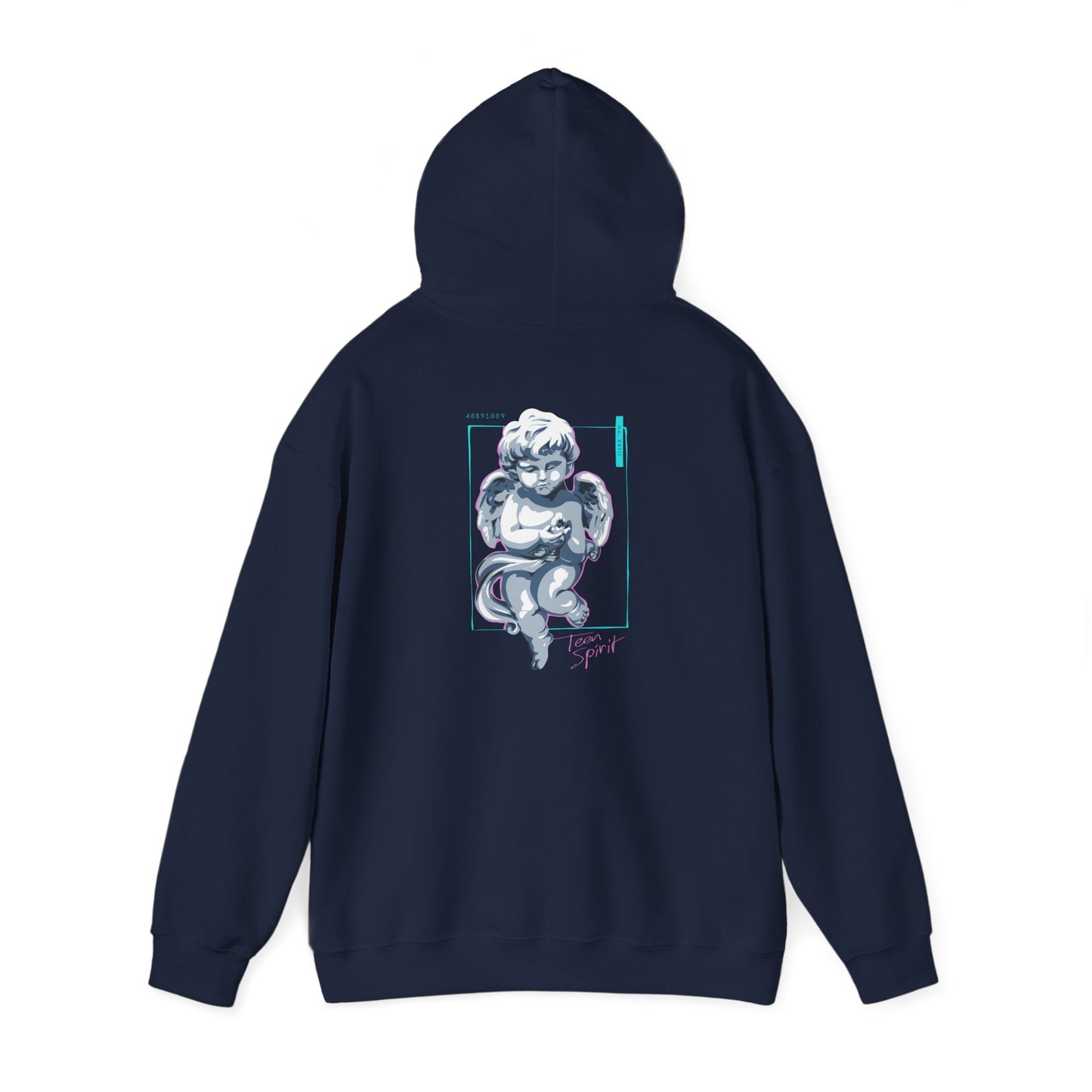 Back view of a sophisticated navy hoodie with an enchanting cherubic angel graphic, richly detailed and framed with teal highlights.