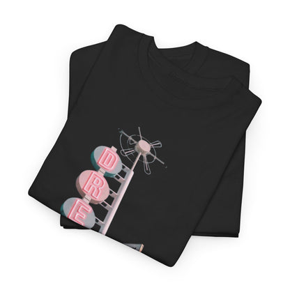 Elegant Follow Your Dream Funny Graphic Unisex T-Shirt neatly folded, highlighting the eye-catching typography and artful design of 'DREAM' in exquisite neon hues on premium black fabric.