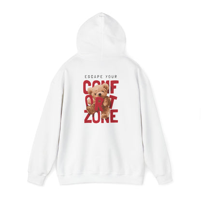 Statement white hoodie with a playful 'ESCAPE YOUR COMFORT ZONE' graphic featuring a charming teddy bear, merging comfort with motivational style.
