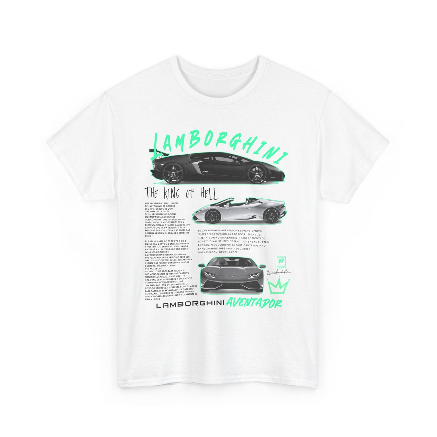 Lamborghini Aventador men's t-shirt featuring bold graphic design with vibrant images of the supercar, including text detailing its history and specifications.