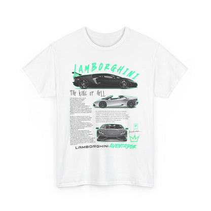 Lamborghini Aventador men's t-shirt featuring bold graphic design with vibrant images of the supercar, including text detailing its history and specifications.