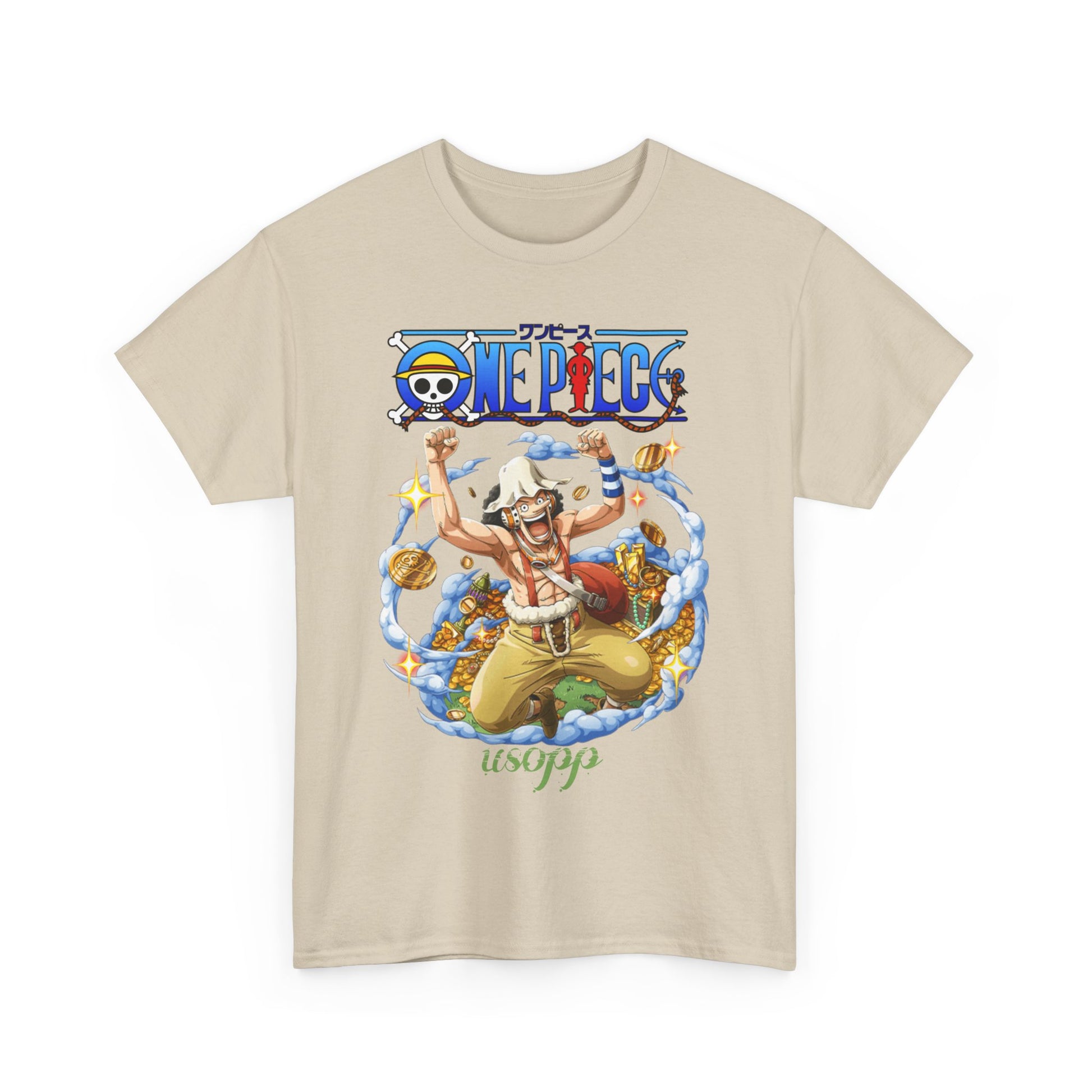 Dynamic Usopp t-shirt design from One Piece, featuring a lively illustration of Usopp surrounded by gold coins and clouds, perfect for anime enthusiasts seeking stylish flair.