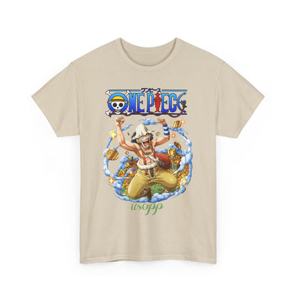 Dynamic Usopp t-shirt design from One Piece, featuring a lively illustration of Usopp surrounded by gold coins and clouds, perfect for anime enthusiasts seeking stylish flair.