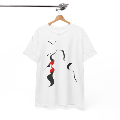 Elegant white unisex t-shirt displayed on a wooden hanger, adorned with a sophisticated abstract design of two faces and a vivid red accent.