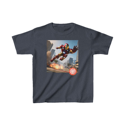 Kids Iron Man Printed Heavy Duty T-Shirt displaying Iron Man in action against a navy background - 16 vibrant colours to choose from.