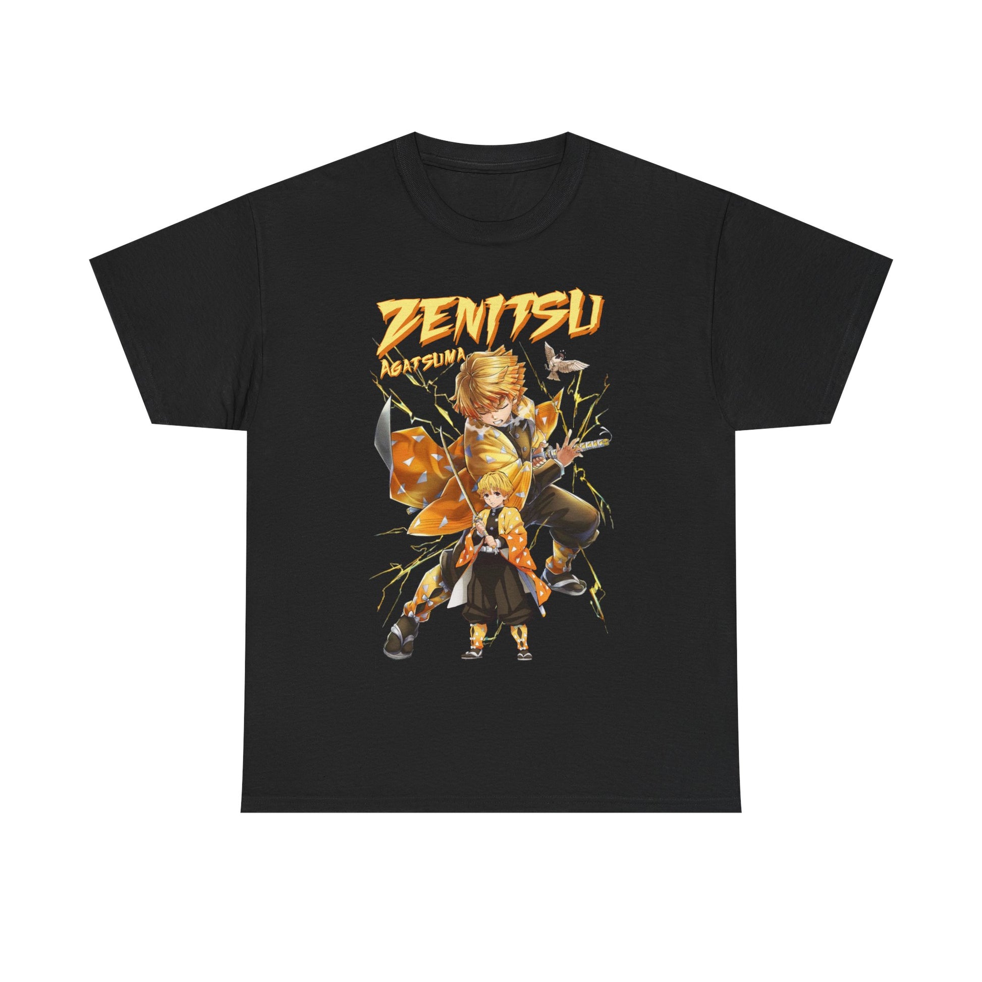 Stylish black t-shirt featuring Zenitsu Agatsuma from Demon Slayer, designed with bold colours and dynamic lightning graphics for an eye-catching appearance.