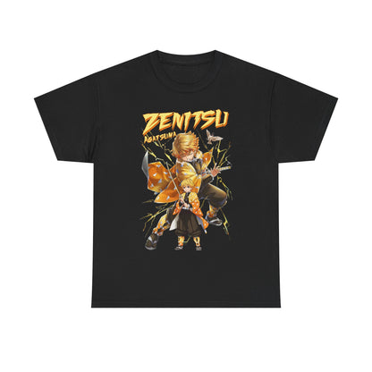 Stylish black t-shirt featuring Zenitsu Agatsuma from Demon Slayer, designed with bold colours and dynamic lightning graphics for an eye-catching appearance.