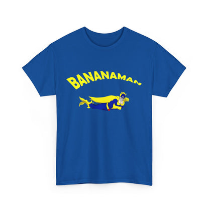 Front view of the Limited Edition Bananaman Graphic Unisex T-Shirt in dark blue, featuring the playful hero design for a trendy statement.