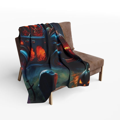 Decorative and Warm Halloween Spooky Arctic Fleece Blanket draped over a stylish sofa, featuring vibrant Halloween-themed designs and colours.