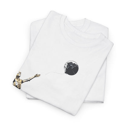 Chic Star Wars T-Shirt displaying a unique illustration of C-3PO reaching for a Death Star balloon alongside R2-D2, an exquisite addition for any stylish fan.