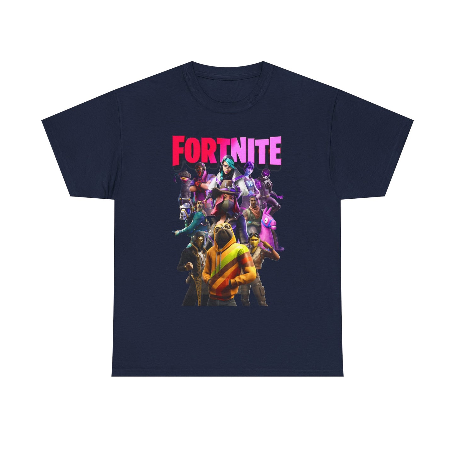 Sophisticated navy Fortnite-themed T-shirt adorned with a dynamic design of beloved characters, offering a luxurious blend of colour and comfort.