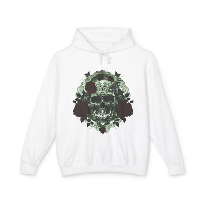Unisex Lightweight Hooded Sweatshirt in white presenting the unique designer skull and roses motif against a clean backdrop.