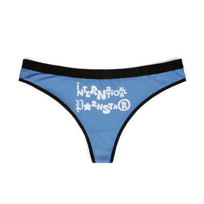 Close-up of the International Star Thong featuring a unique blue design, whimsical fonts, and a striking star graphic, perfect for the fashion-forward woman.