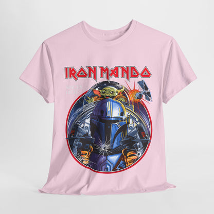 Elevated front view of a pink Iron Mando graphic tee highlighting intricate graphics, perfect for stylish Star Wars aficionados.