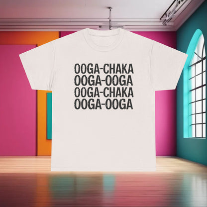 Elegant 'Hooked On a Feeling' Graphic T-Shirt showcased in a vibrant background, featuring 'Ooga Chaka' text design in eye-catching style.