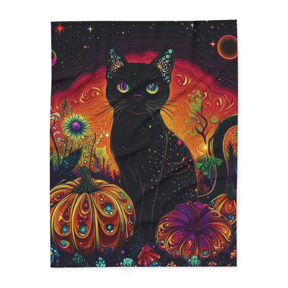 Elegant Decorative and Warm Halloween Spooky Arctic Fleece Blanket displaying a striking black cat with vivid pumpkin and floral accents, designed to enhance your Halloween celebration with a sophisticated flair.