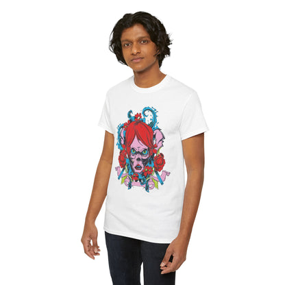 Elegantly designed men's t-shirt showcasing a striking skull surrounded by colourful flowers, displayed on a male model in a bright white fabric.