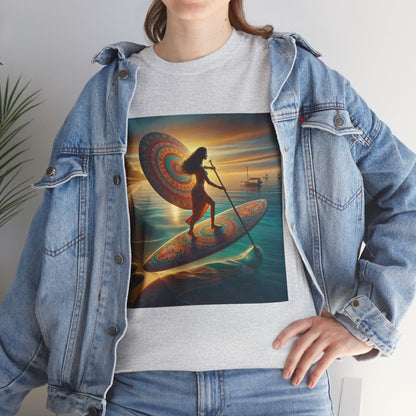 Close-up view of the intricate design on the Delightfull Paddle Board T-Shirt by Dazzling Dreams Studio, showcasing a serene water landscape.