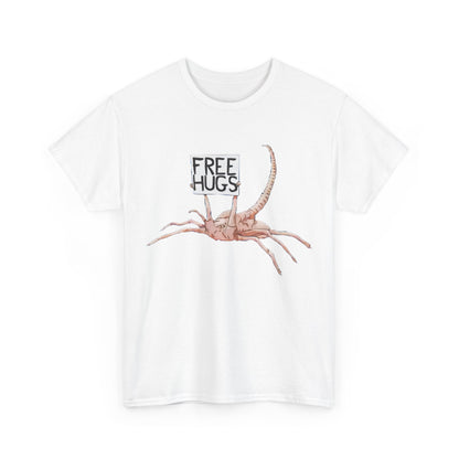 Front view of the Alien Xenomorph Facehugger Free Hugs graphic unisex tee shirt, featuring a whimsical facehugger design with a humorous 'Free Hugs' sign.