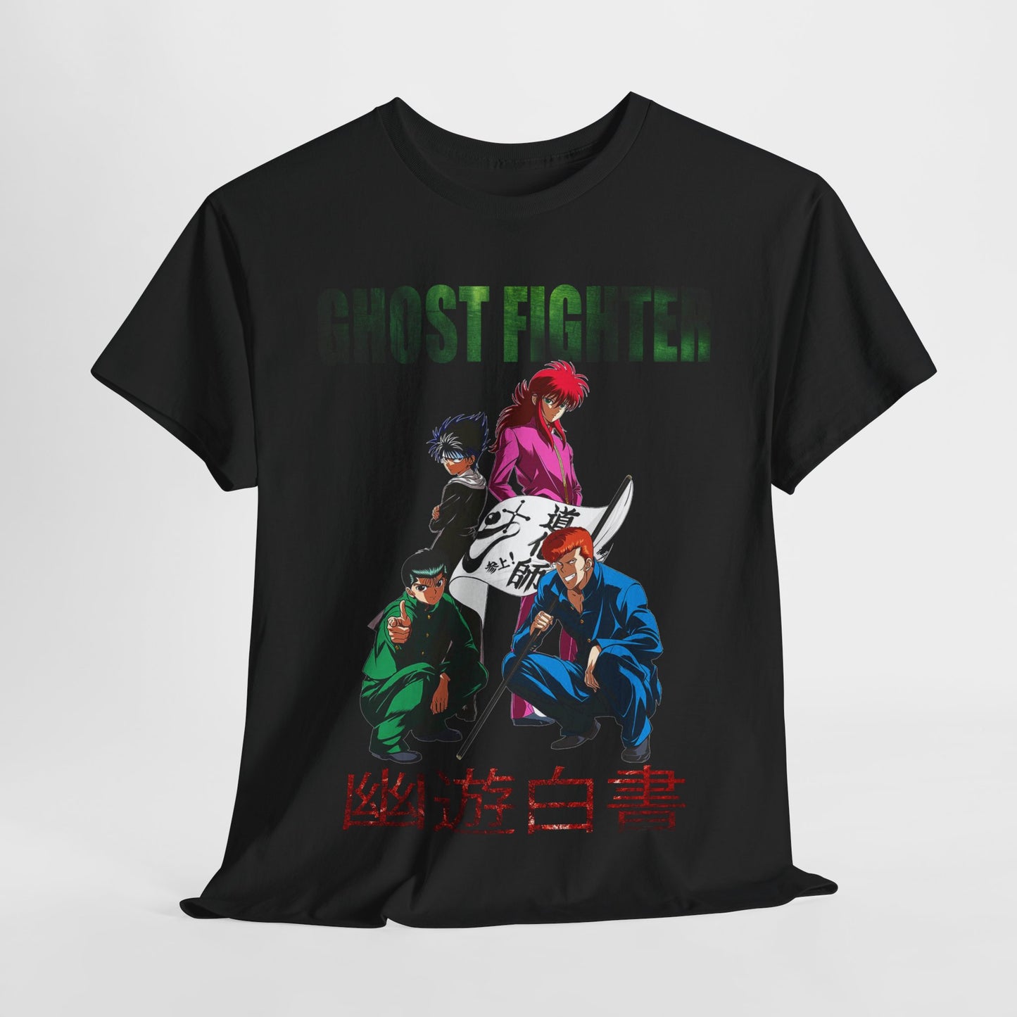 Luxurious Ghost Fighter graphic T-shirt in black, featuring iconic anime characters poised for action, perfect for discerning fans seeking stylish anime apparel.