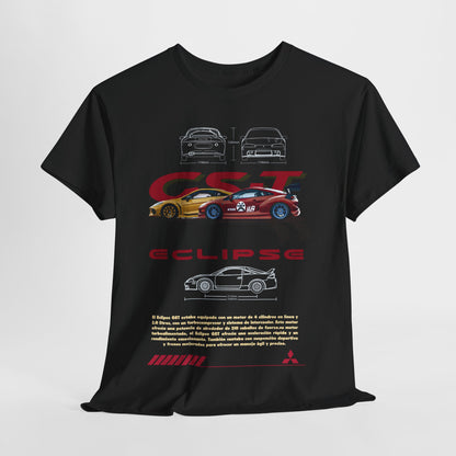 Elegant black men's T-shirt featuring a dynamic design of the Mitsubishi Eclipse GST, artistically displaying specifications and illustrations, a must-have for car lovers.