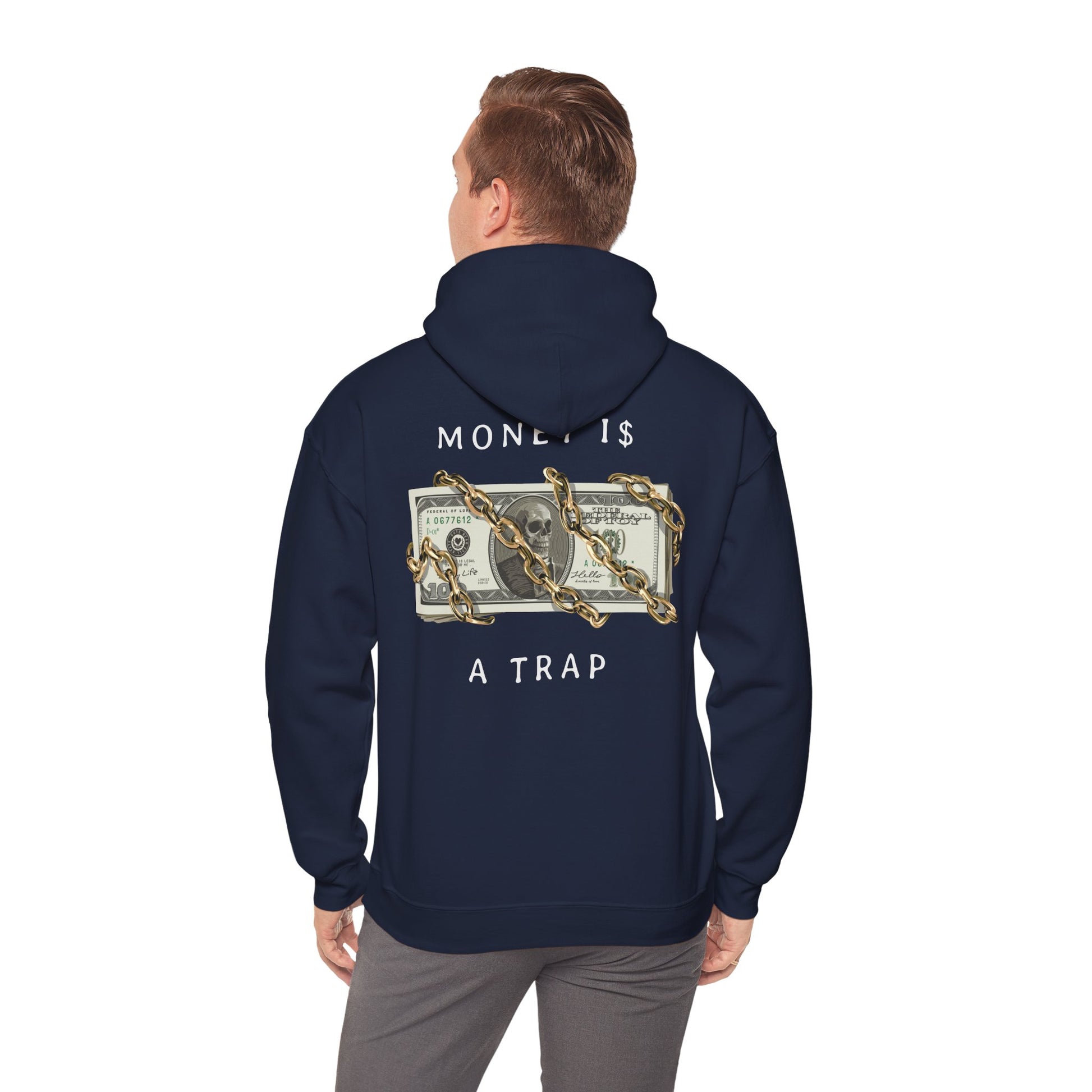 Model wearing a luxurious navy hoodie with a unique back print of gold chains and dollar bills, conveying a bold statement about wealth.