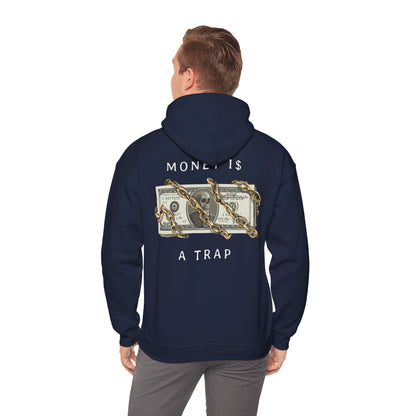 Model wearing a luxurious navy hoodie with a unique back print of gold chains and dollar bills, conveying a bold statement about wealth.