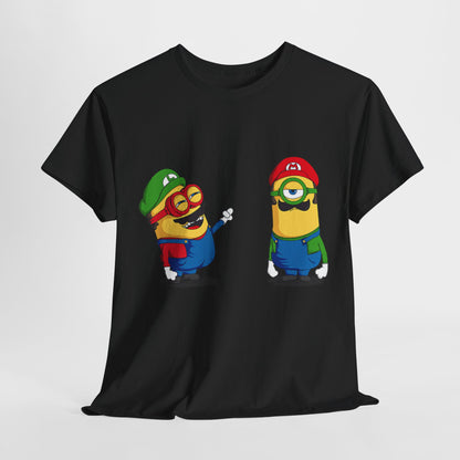 Minions Plumber Brothers Unisex Men’s Women’s Graphic T Shirt Tee featuring two playful Minions in vibrant outfits, showcasing their funny personalities. Perfect for fans of Minions, this T Shirt combines humour with style.