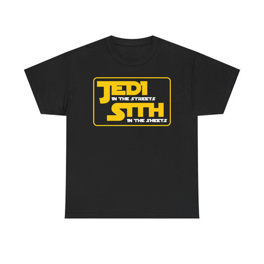 Stylish Men's T-Shirt Featuring Jedi Sith Design - Perfect for Star Wars Fans, highlighting intricate details with playful blocky text that emphasizes the cosmic showdown.