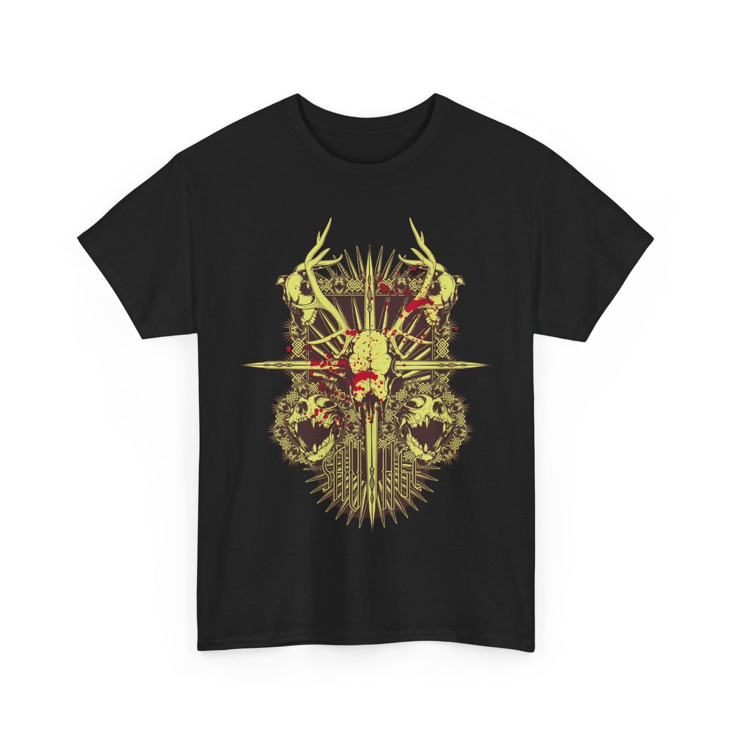 Frontal view of a designer black t-shirt featuring an intricate and bold artistic skull and antler graphic, embodying luxury and unique style.