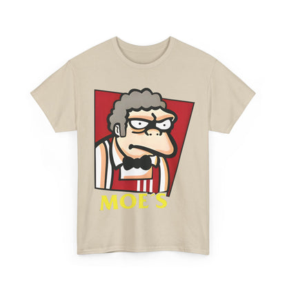 Front view of the exclusive Moe's graphic tee, featuring the iconic painterly illustration of Moe Szyslak in vibrant colours for a touch of luxury.