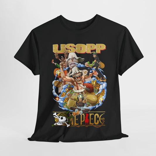 Luxurious black t-shirt featuring a captivating illustration of Usopp and crew from the renowned anime series, One Piece, adorned with golden typography and sparkling treasures.