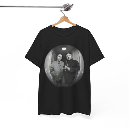Meet The Neighbours Funny Gift Graphic T-Shirt featuring a humorous design of two leaders in a fisheye view, perfect for urban streetwear.