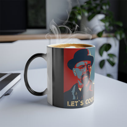 Breaking Bad Heisenberg Color Morphing Mug - 11oz Heat Revealing Coffee Cup, featuring a stylish design with the phrase 'Let's Cook' as steam rises from the coffee, perfect for fans of the iconic series.