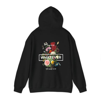 Stylish black hoodie featuring a vibrant floral back print with the bold text 'WHATEVER' and uplifting phrases, designed for self-expression and sophisticated style.