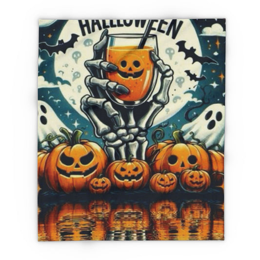 Decorative and Warm Halloween Spooky Arctic Fleece Blanket featuring a spooky skeleton hand holding a pumpkin-themed drink, surrounded by jack-o'-lanterns and a full moon backdrop.